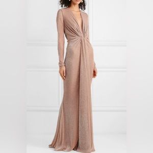 NEW Talbot Runhof Nominee Deep V Long Sleeve Metallic Lurex Gown